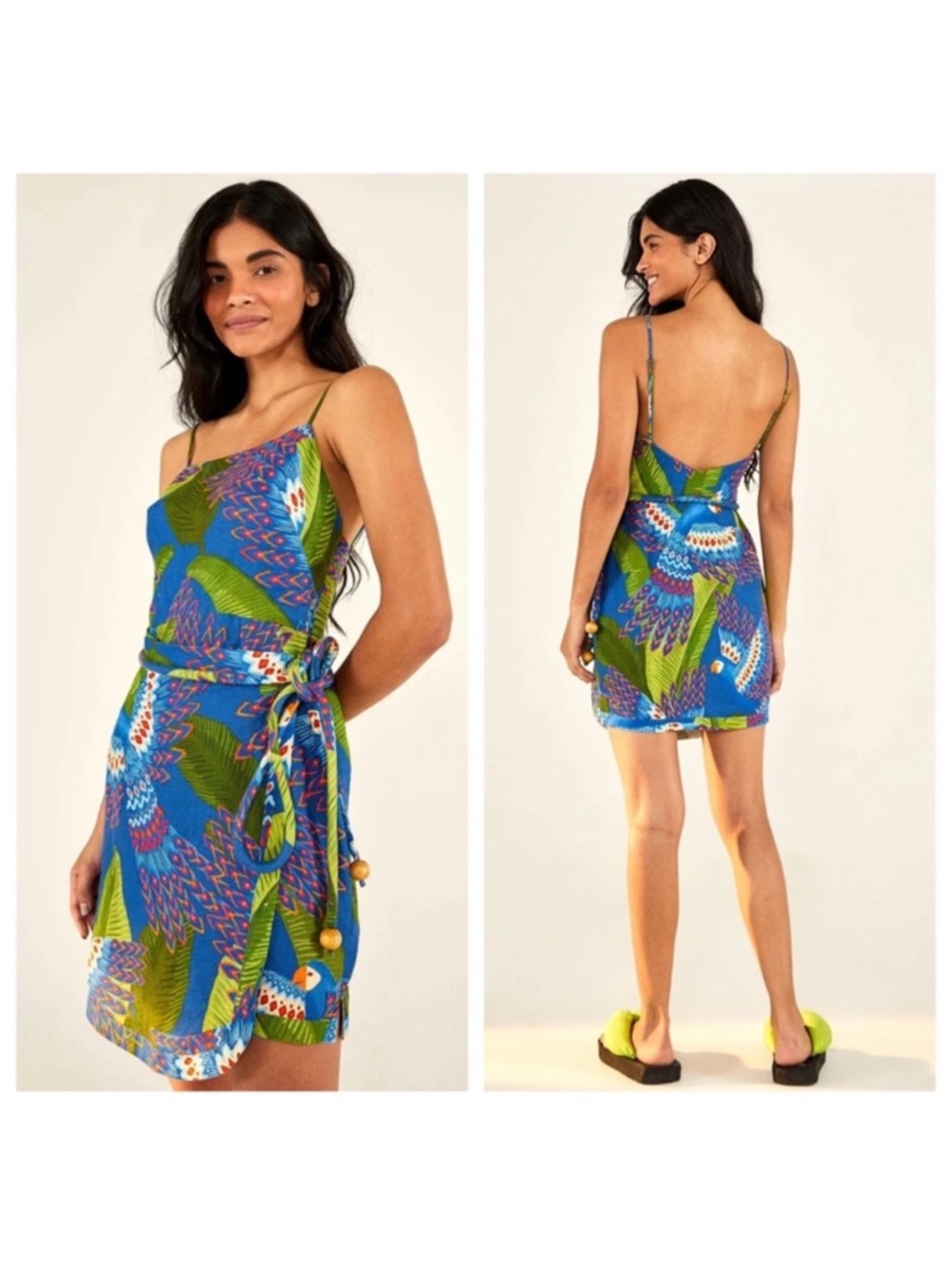 🔥FARM RIO 🔥NEW LINEN Vibrant Dress Sz M  Blue Macau Mini Wrap Price Firm!